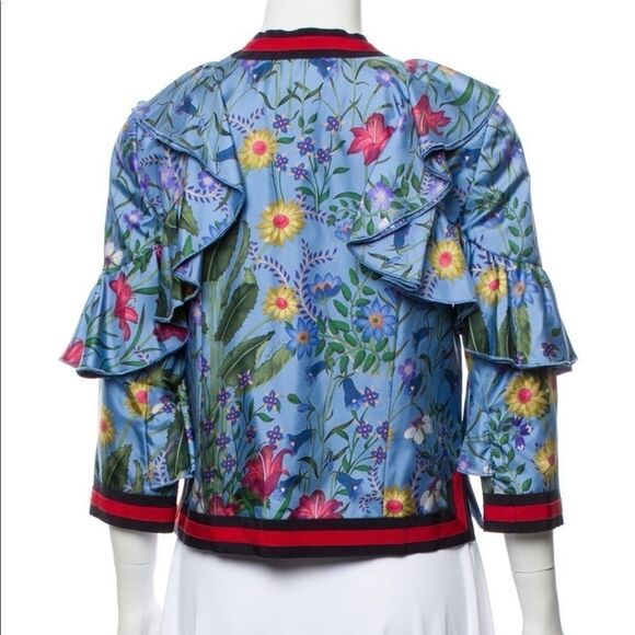 Gucci Blue Flora Ruffled Silk Blouse Jacket Navy Red Web Trim & GG Buttons SZ S - Picture 5 of 10